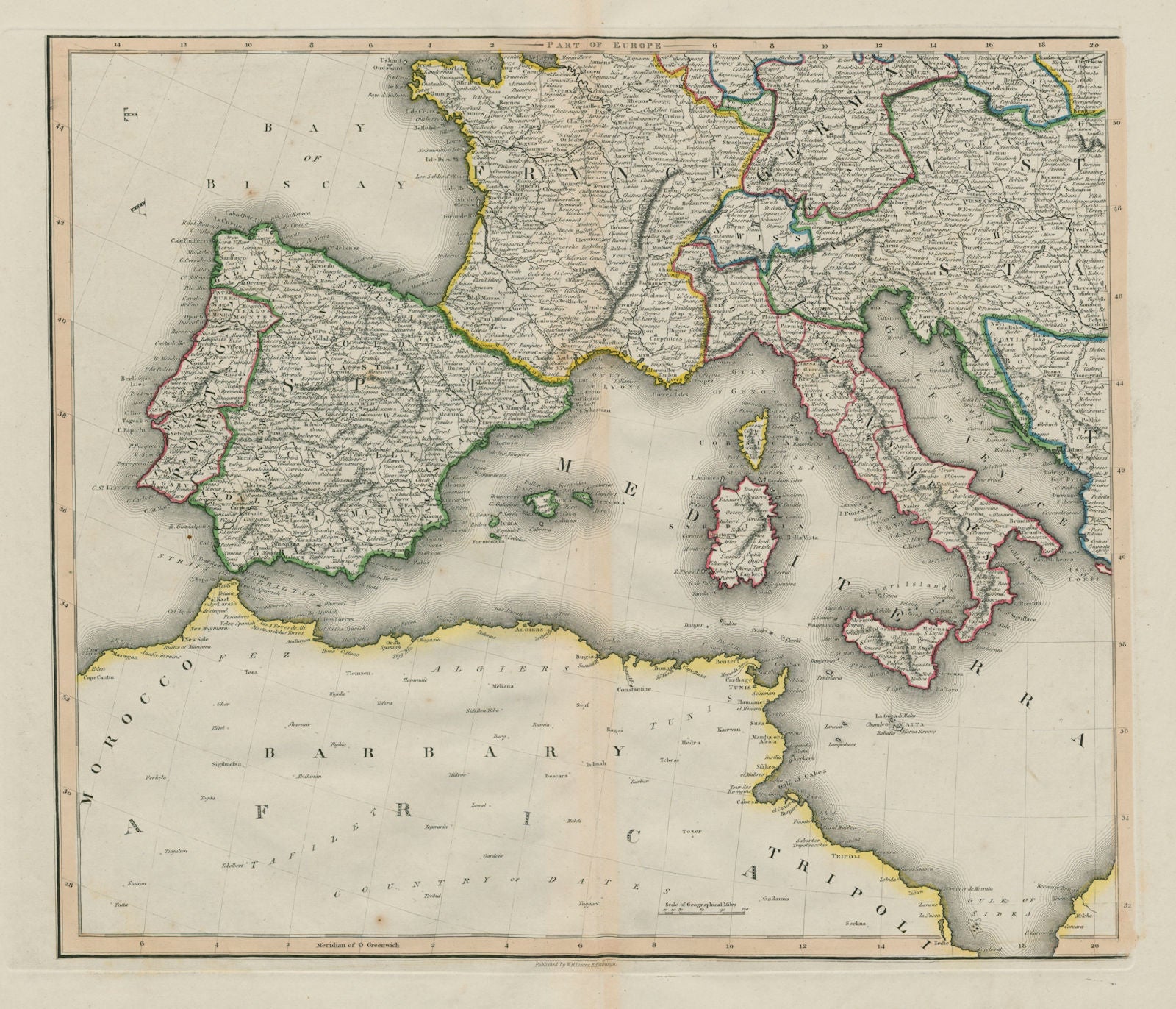 South-west Europe. Iberia France Italy Austria Mediterranean. LIZARS 1842 map